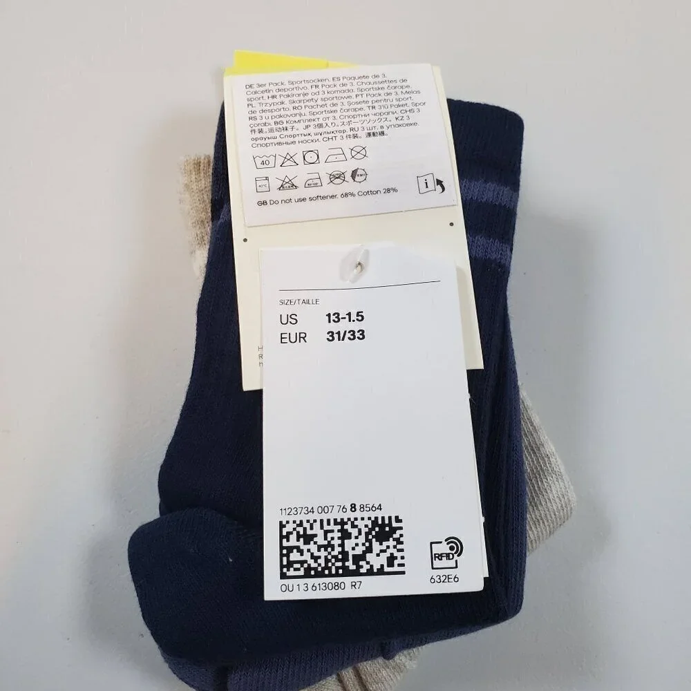 H&M Move 3-Pack Sport Socks Mid-Calf Cotton Blend Casual 13-1.5 NWT Assorted